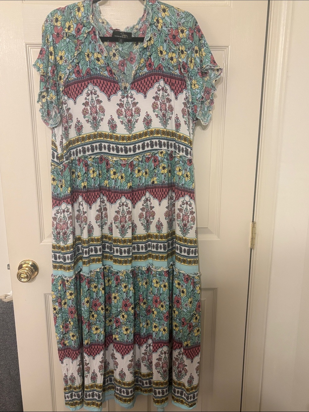 Suzanne Betro Floral V-Neck Maxi Dress in Mint, Yellow & Coral